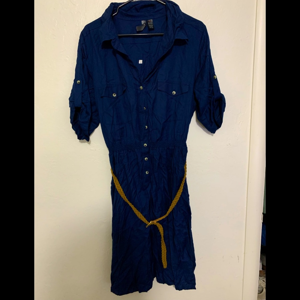 Gently Used Navy Blue Button Up dress with brown belt